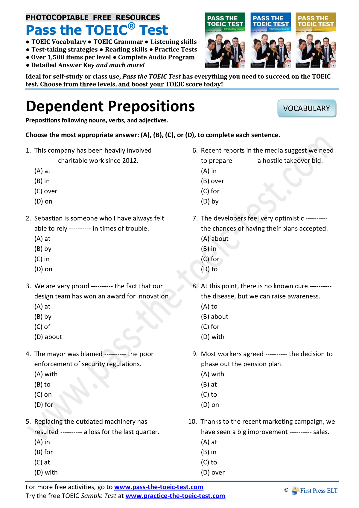 Dependent Prepositions - PHOTOCOPIABLE FREE RESOURCES Pass The TOEIC ...