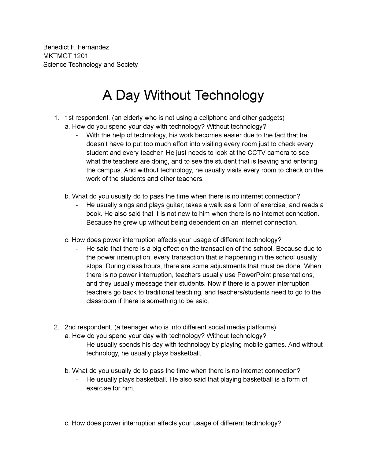 a day without technology reflection essay