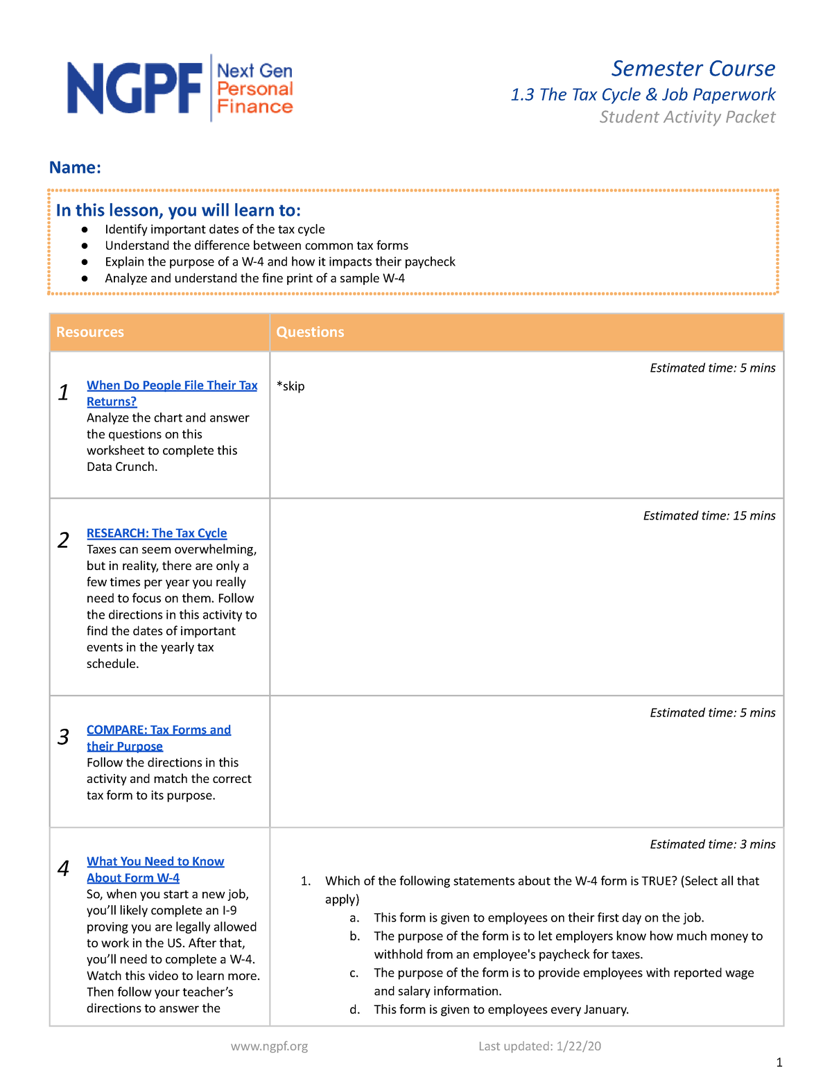 Student Activity Packet SC-1 - Semester Course 1 The Tax Cycle & Job ...