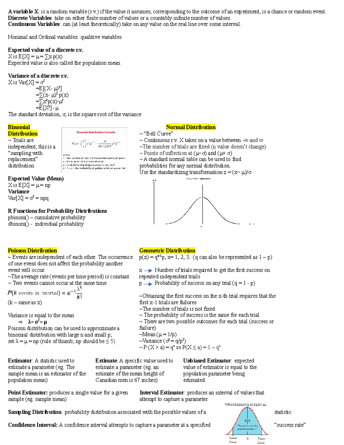 Stats Cheat Sheets - A variable X: is a random variable (r.) if the ...