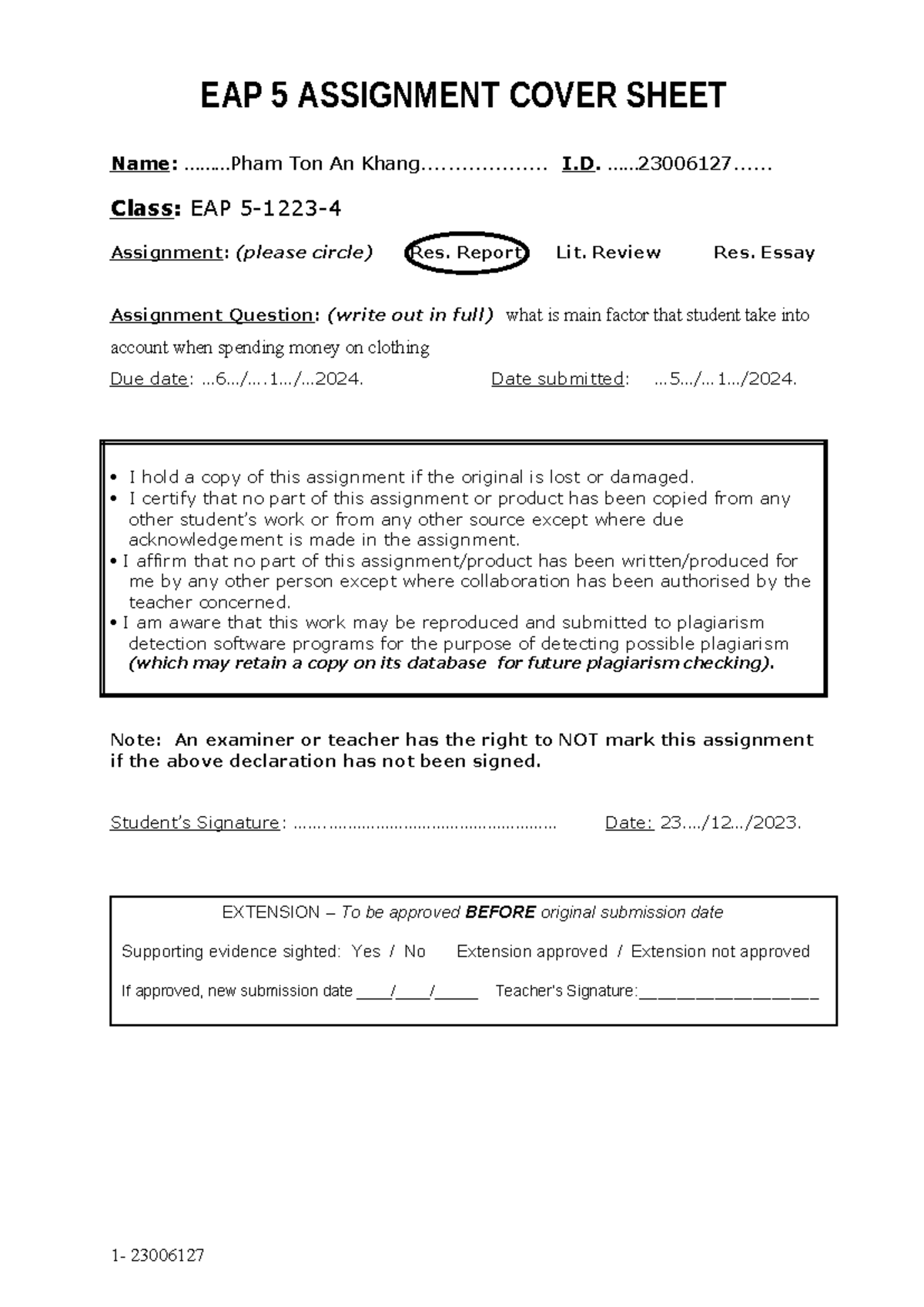 19/3/2024 james - EAP 5 ASSIGNMENT COVER SHEET Name: ........ Ton An ...