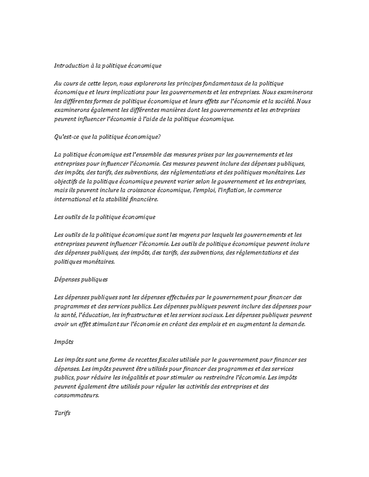 Economic Policy note study - Introduction à la politique économique Au ...