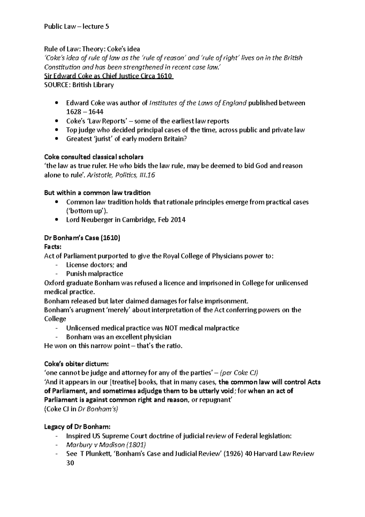 Rule of Law- Theory- Coke’s idea - Public Law – lecture 5 Rule of Law ...