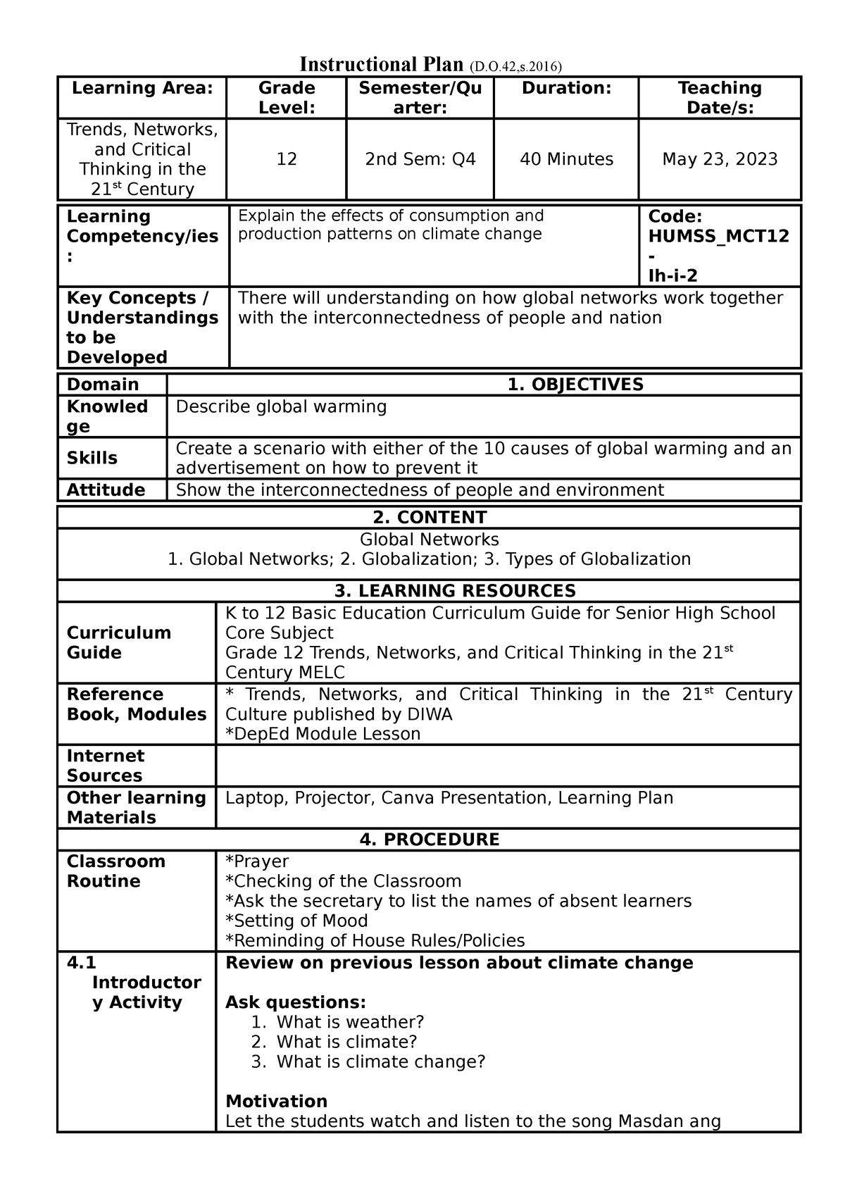 Instructional Plan 1 - Learning Plan - Instructional Plan (D.O,s ...