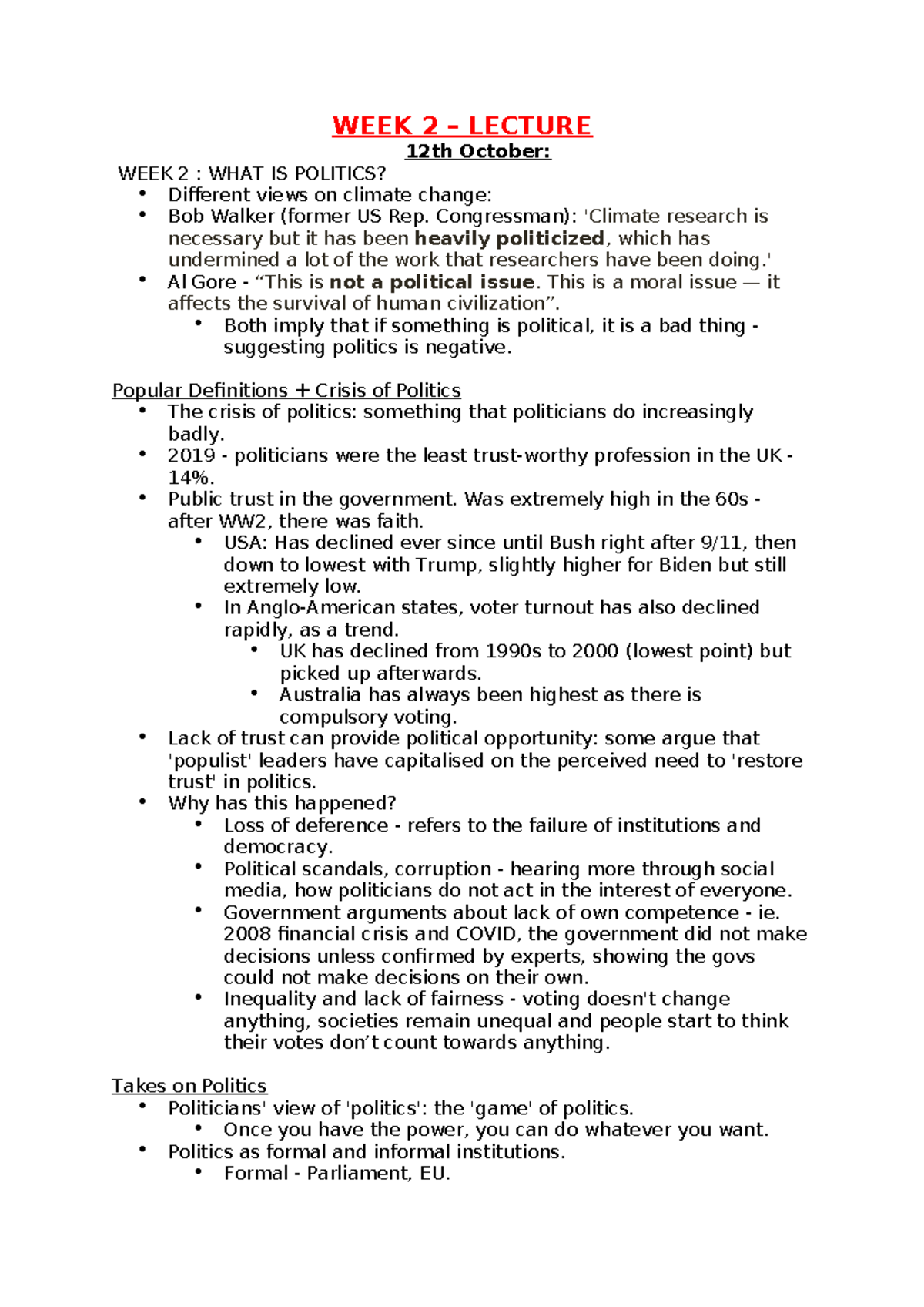 Week 2 - Introduction to Politics: What is Politics? - WEEK 2 – LECTURE ...