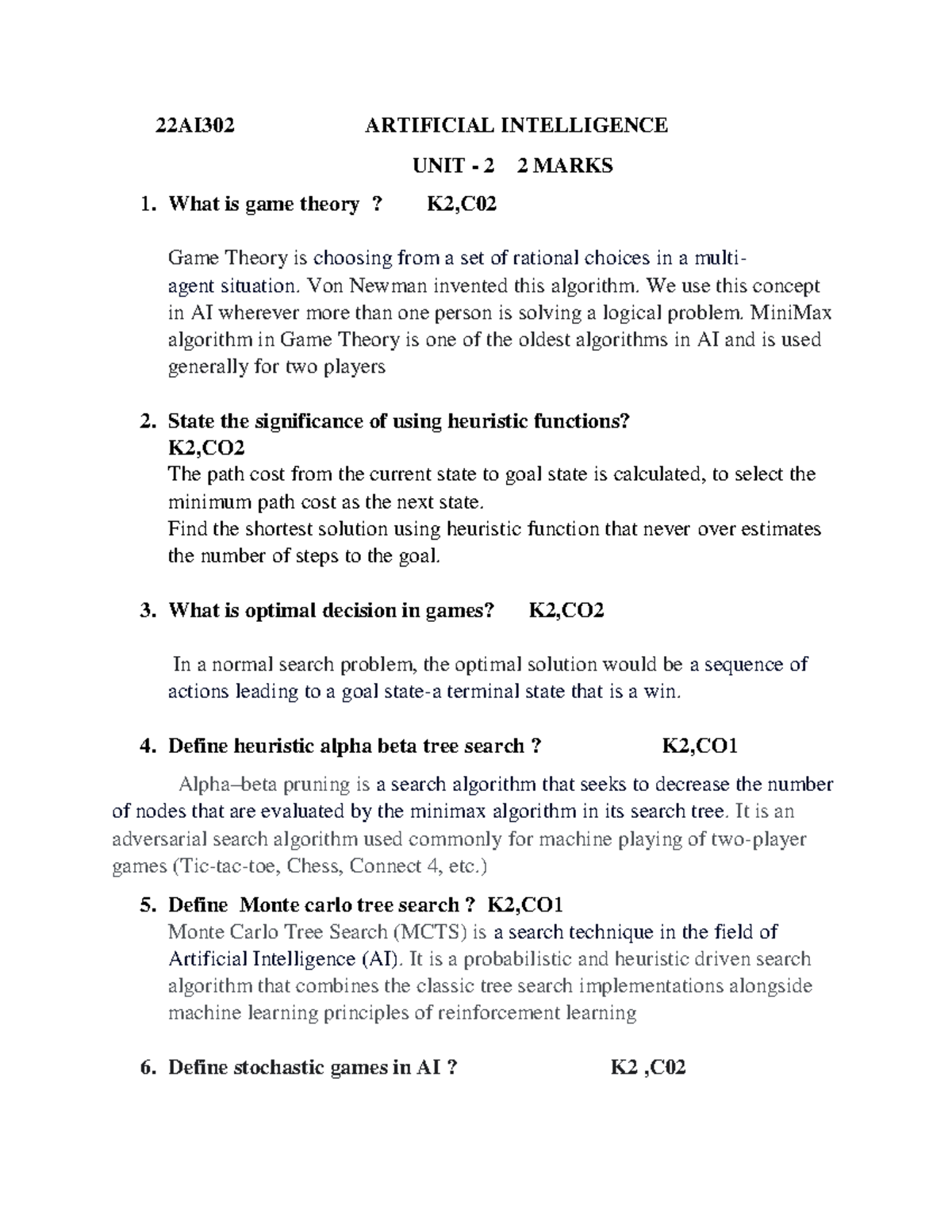 UNIT 2 QB - 22AI302 ARTIFICIAL INTELLIGENCE UNIT - 2 2 MARKS What is ...