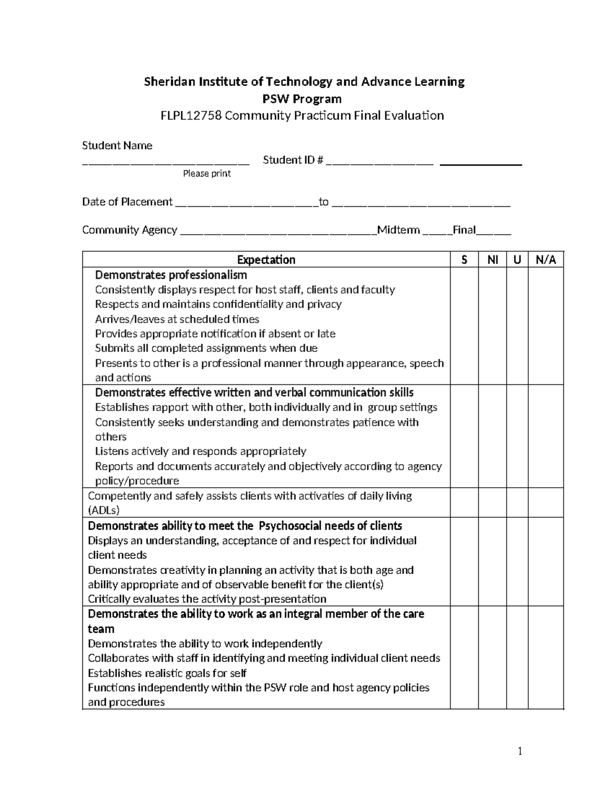 Community practicum final evaluatio 2 copy sheridan institute of