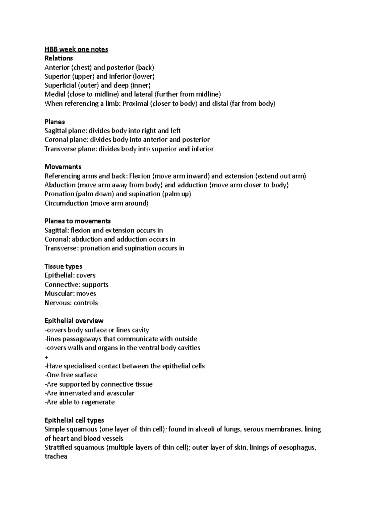 HBB week one notes - Tissues and planes - HBB week one notes Relations ...