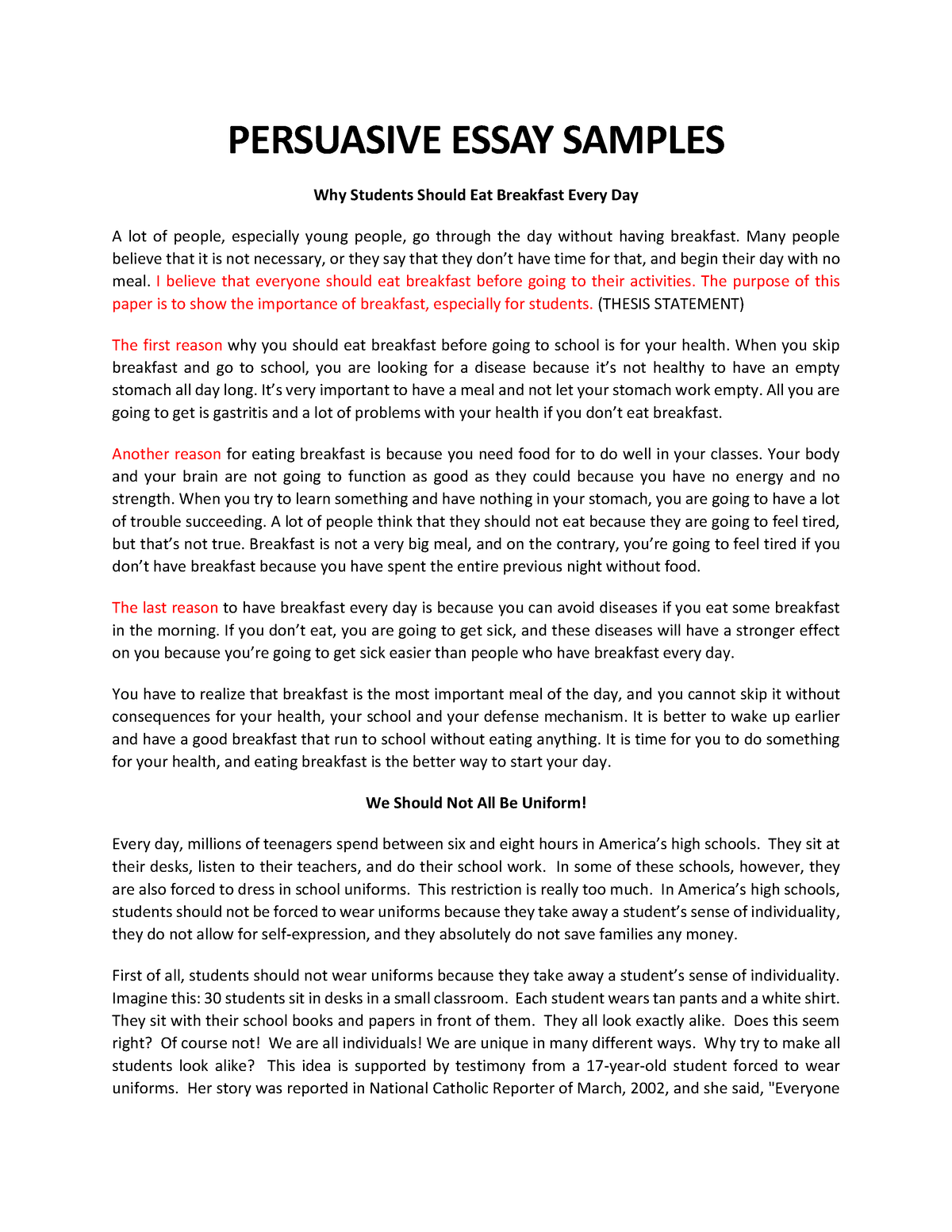 Persuasive-essay-samples - PERSUASIVE ESSAY SAMPLES Why Students Should ...