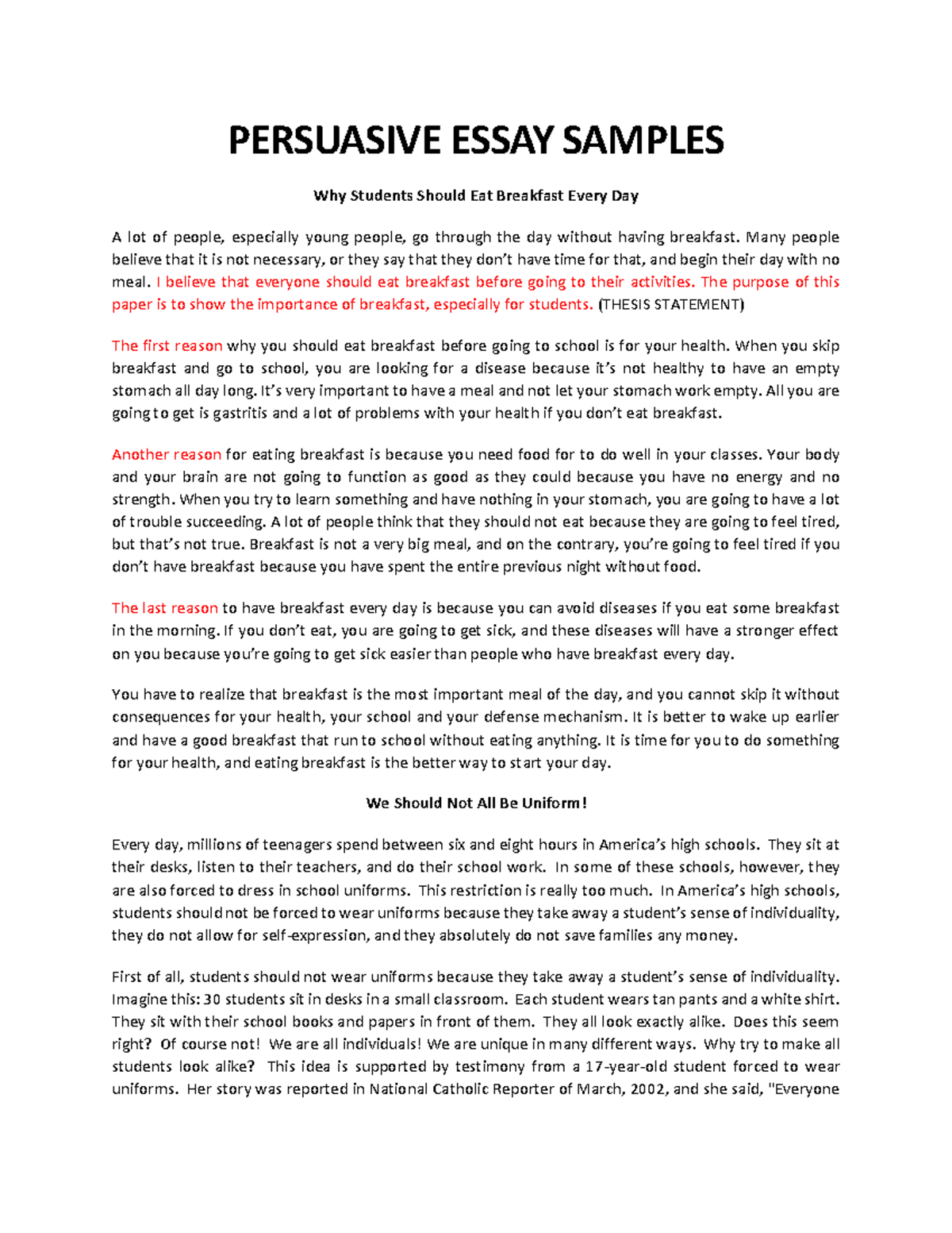 Persuasive-essay-samples - PERSUASIVE ESSAY SAMPLES Why Students Should ...