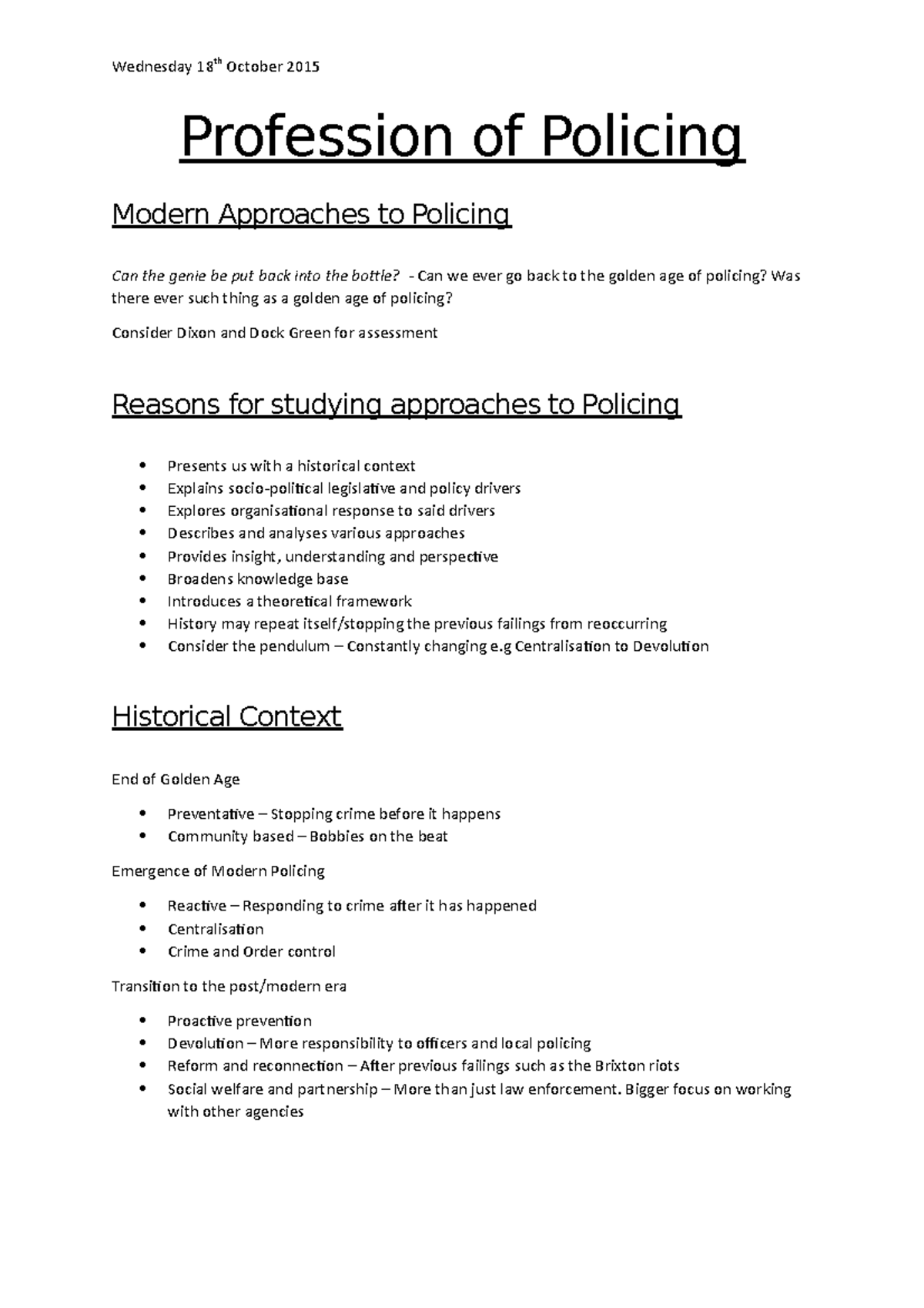 Profession of Policing - Lecture 3 - Modern approaches to policing