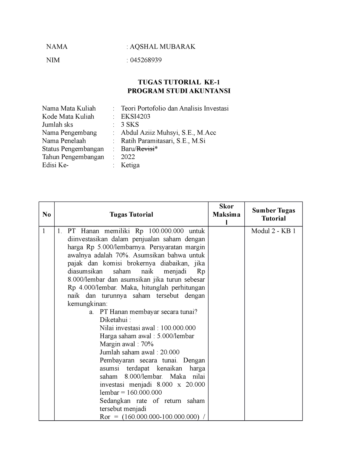 Tugas 1 Teori Portofolio Analisis Investasi - NAMA : AQSHAL MUBARAK NIM ...