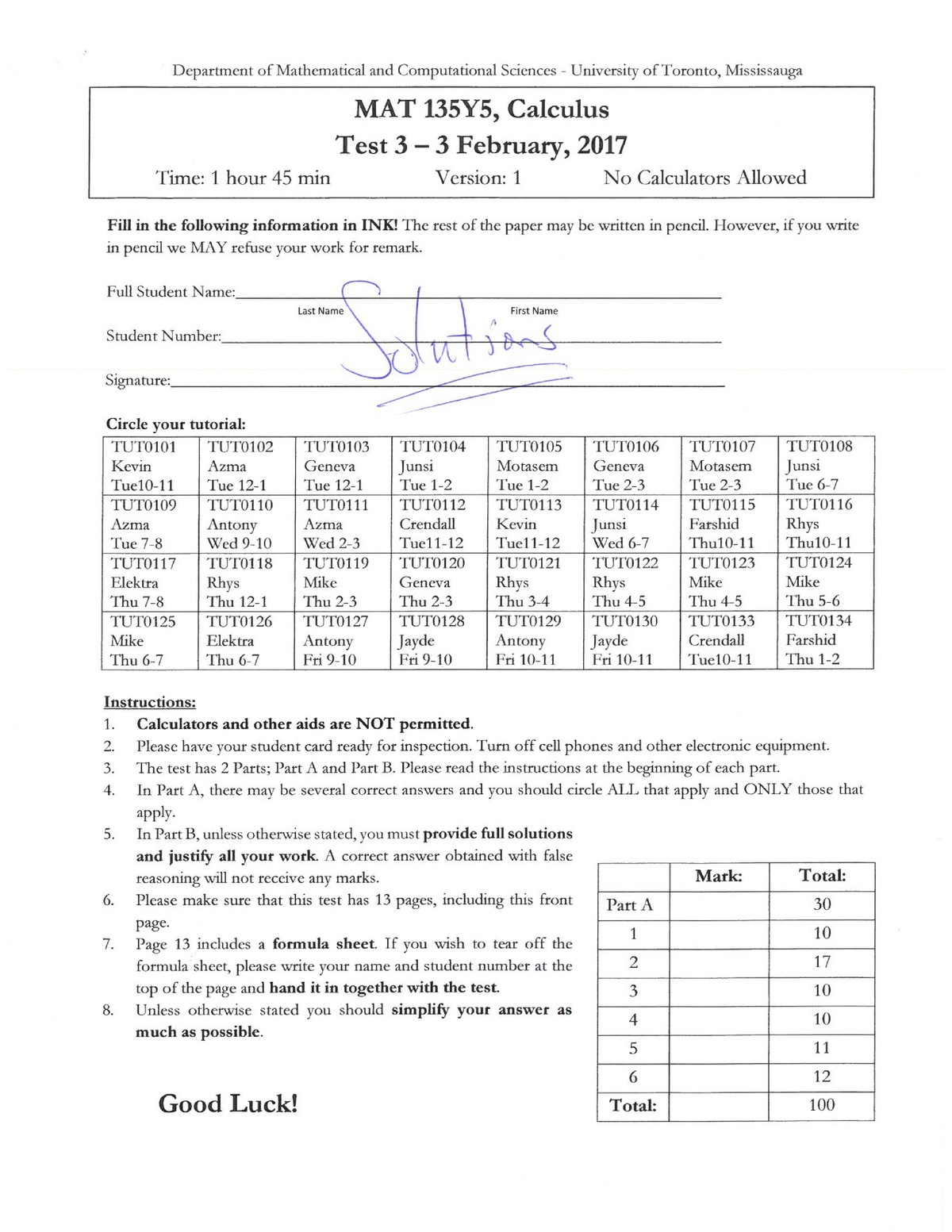 MAT135 Test 3 Feb 2017 Solutions-1 - MATH 1 - Studocu