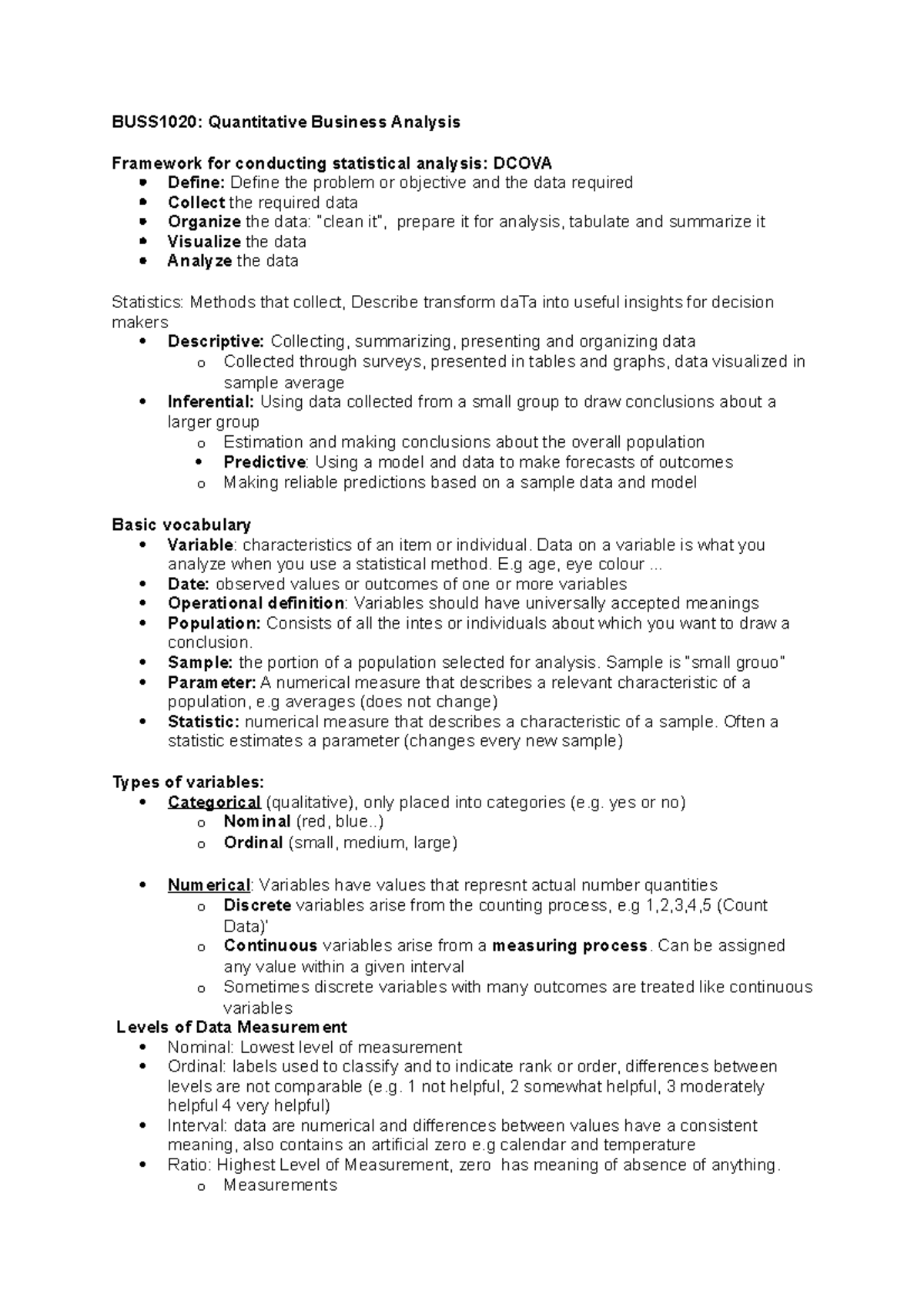 BUSS1020 Notes - nnnn - BUSS1020: Quantitative Business Analysis ...