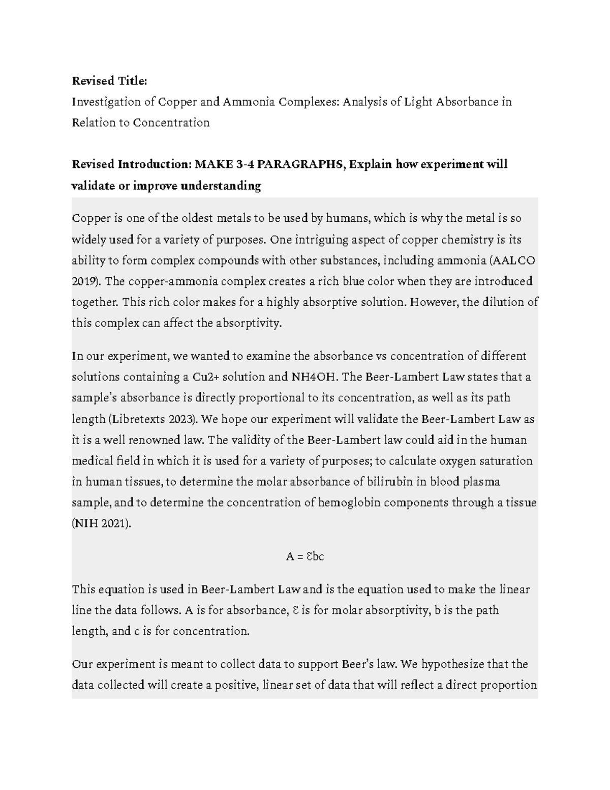 Revised Copper Ammonia Spectroscopy Revised Title Investigation of