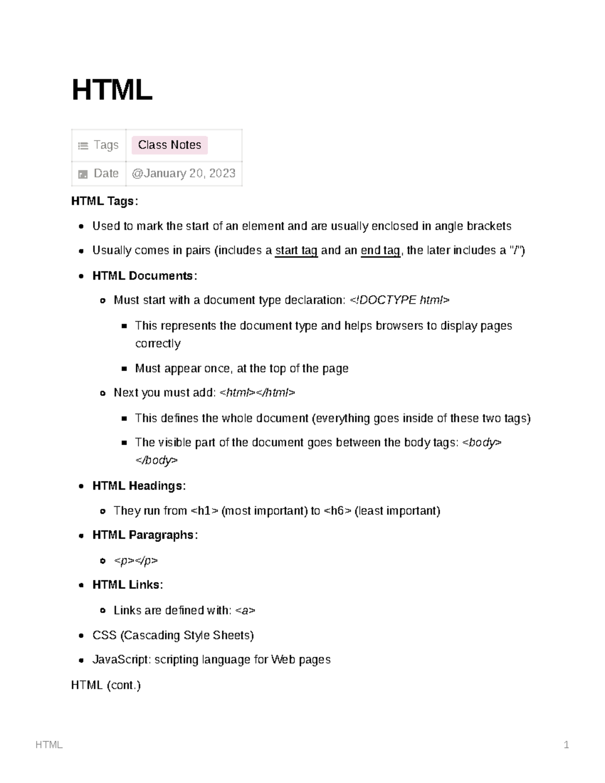 Lecture Notes Over HTML - HTML Tags Class Notes Date HTML Tags: Used To ...