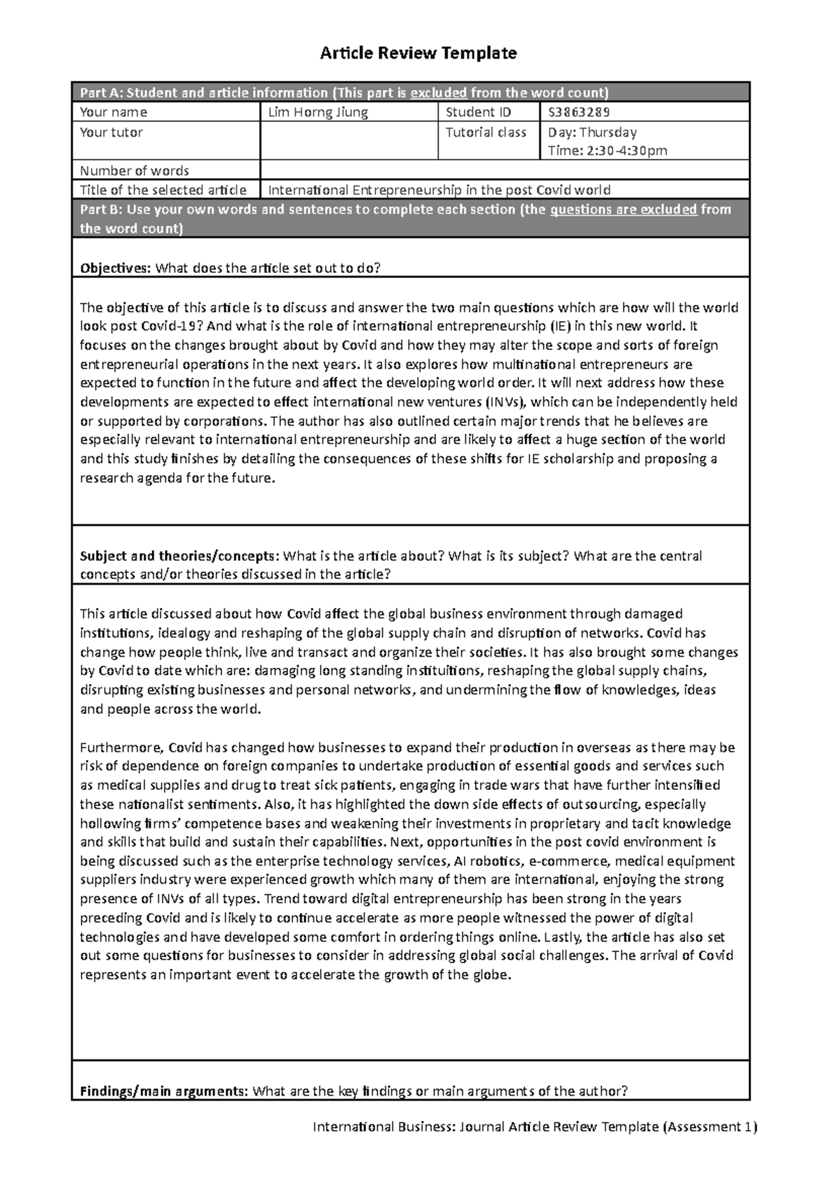 Article Review Template It focuses on the changes brought about by
