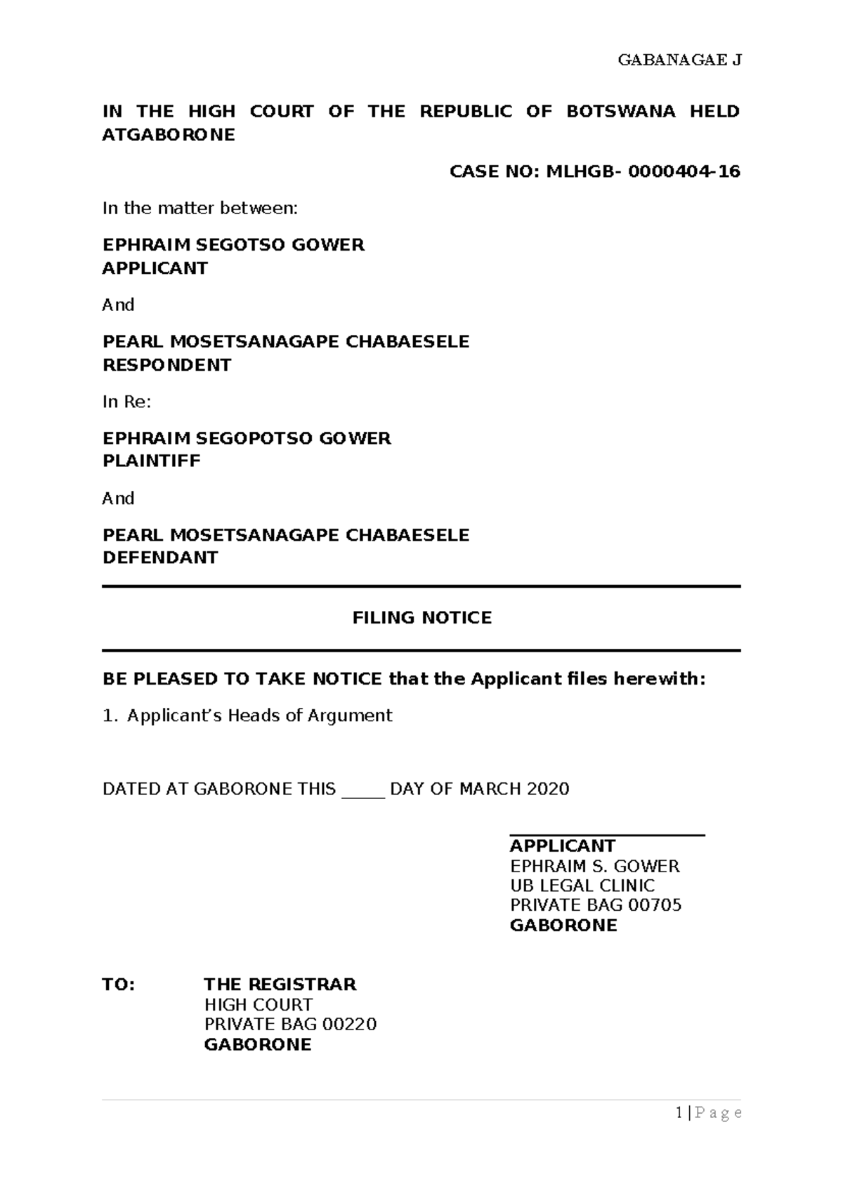 Gower- Heads OF Argument - IN THE HIGH COURT OF THE REPUBLIC OF ...