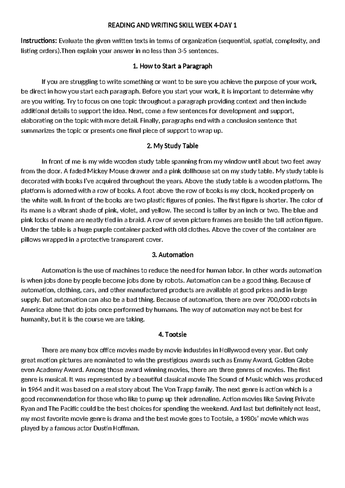 RWS WEEK 4 Day 1 Reading Material READING AND WRITING SKILL WEEK 4