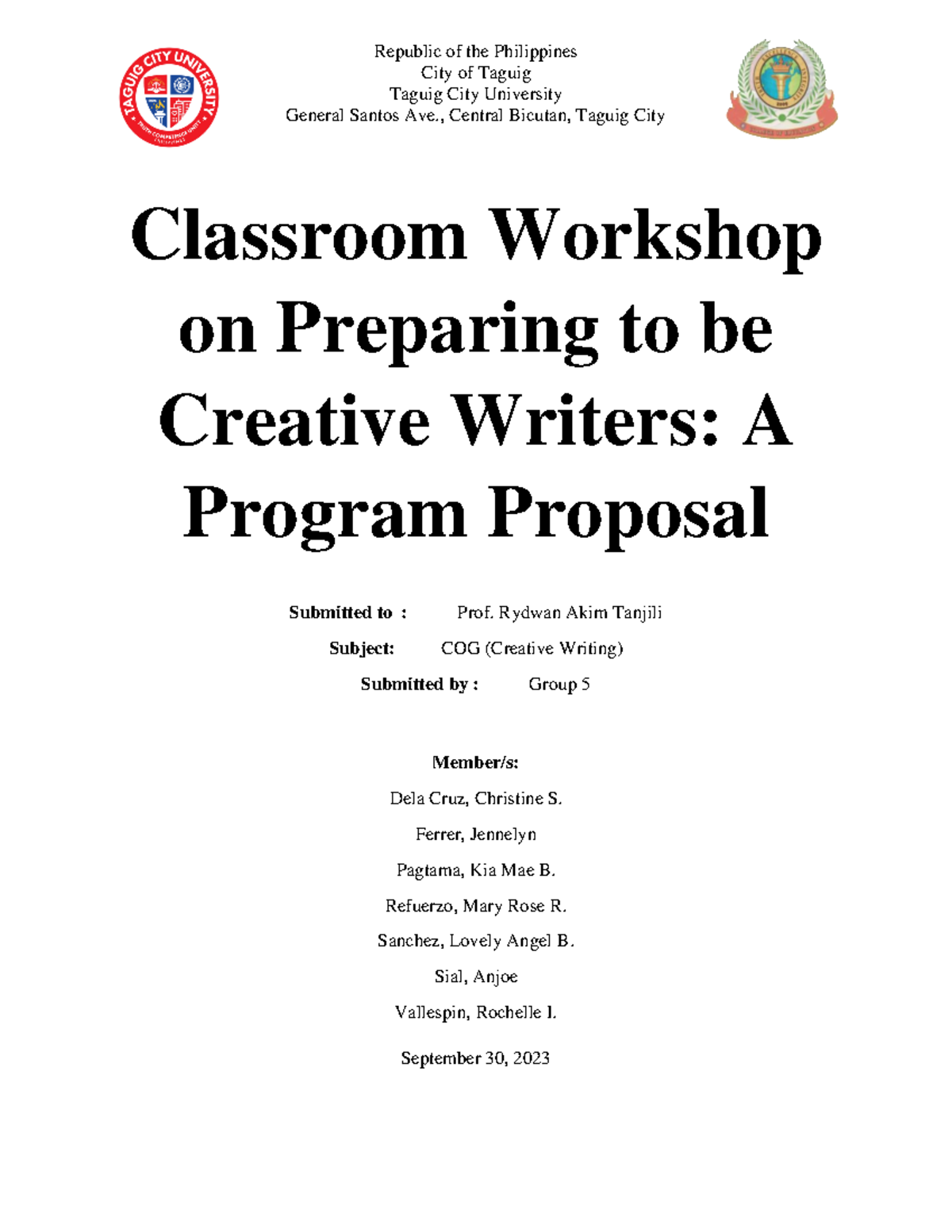 Creative Writing Classroom Workshop Finalized - City of Taguig Taguig ...