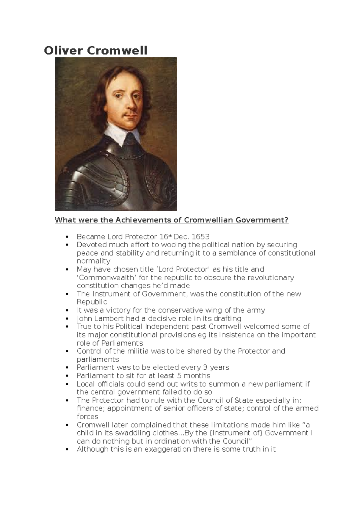 Oliver Cromwell - Oliver Cromwell What were the Achievements of ...