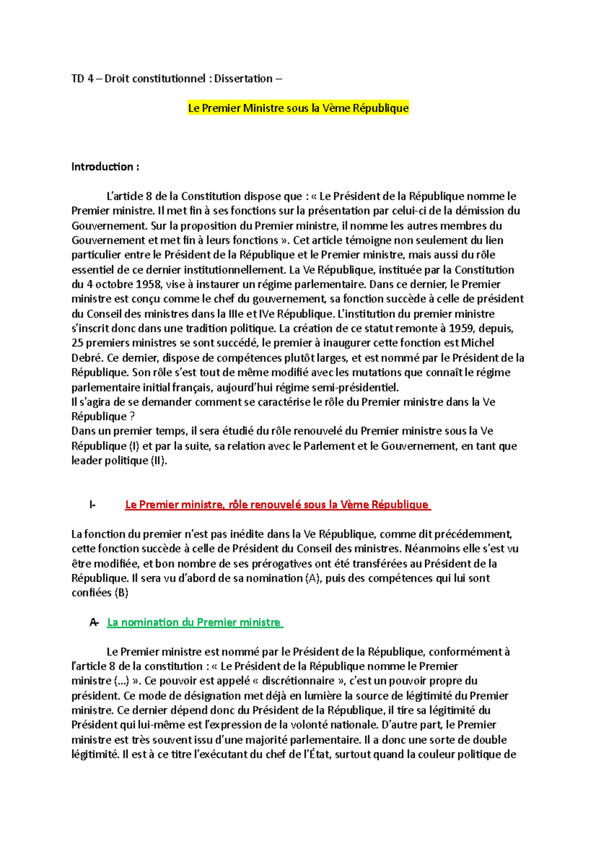 TD 4 Droit Constit S2 - TD 4 – Droit Constitutionnel : Dissertation ...