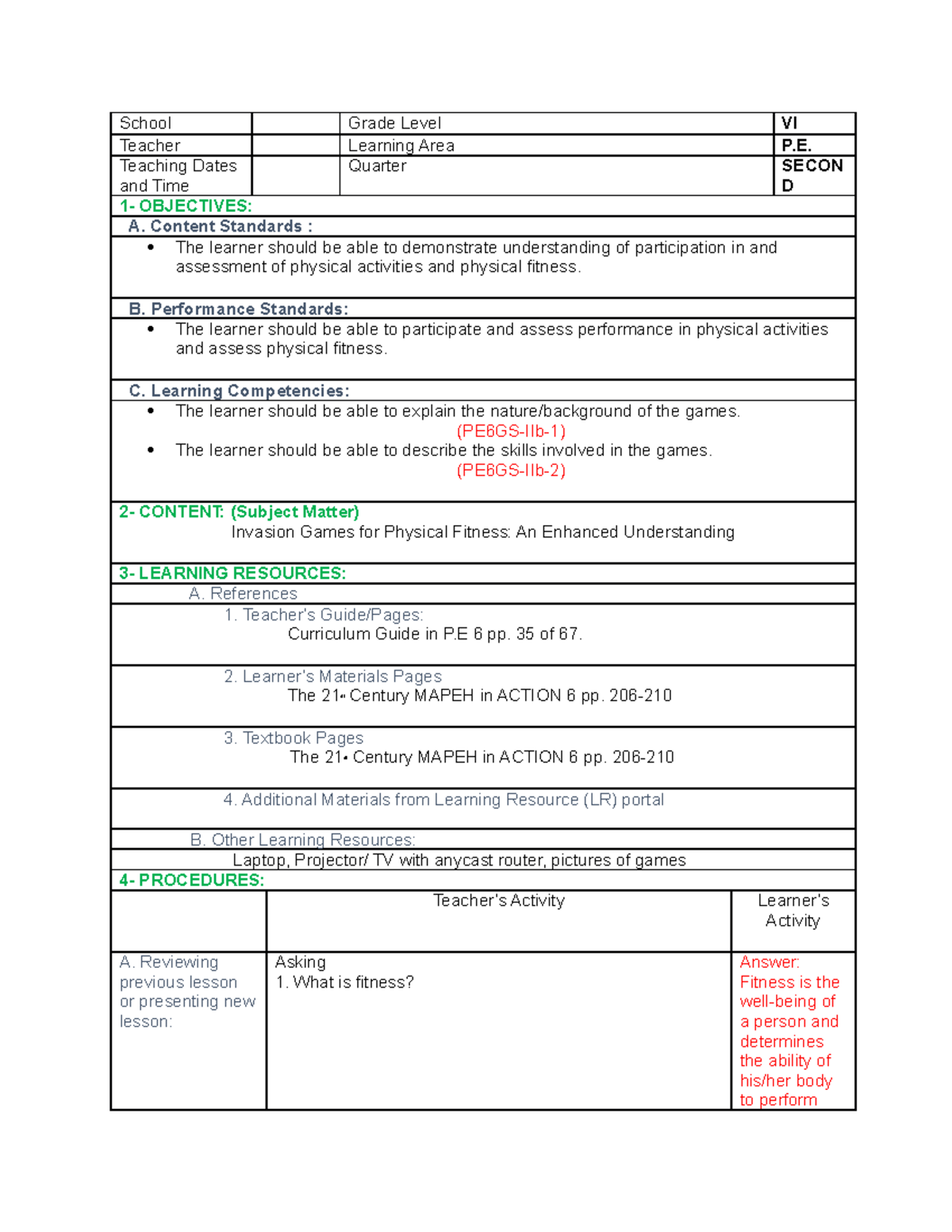 Dlp pe 3 - tgreg - School Grade Level VI Teacher Learning Area P ...