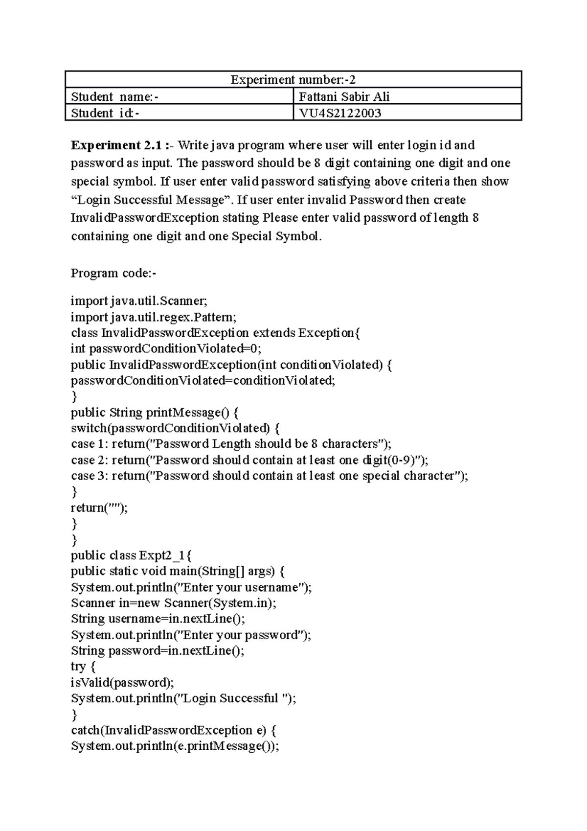 Java Exp2 - java exps - Experiment number:- Student_name:- Fattani ...