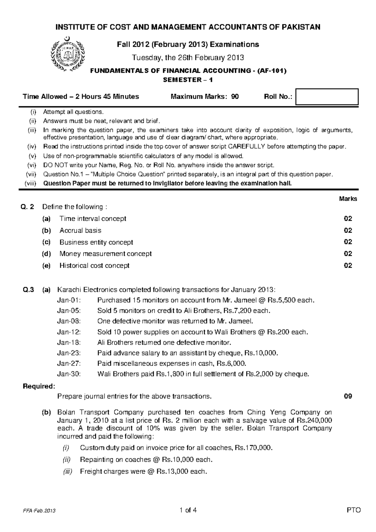 FFA F12 Q - notes - FFA-Feb 1 of 4 PTO INSTITUTE OF COST AND MANAGEMENT ...