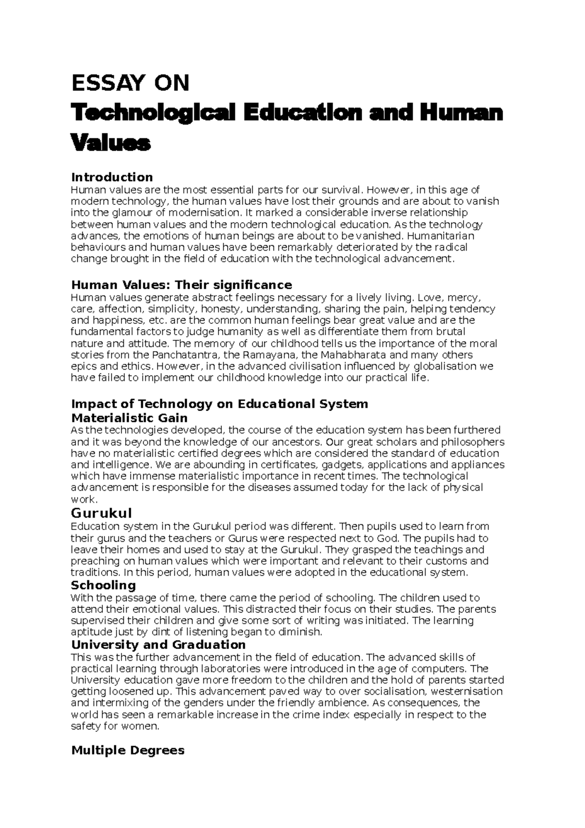 Technological Education and Human Values - ESSAY ON Technological ...