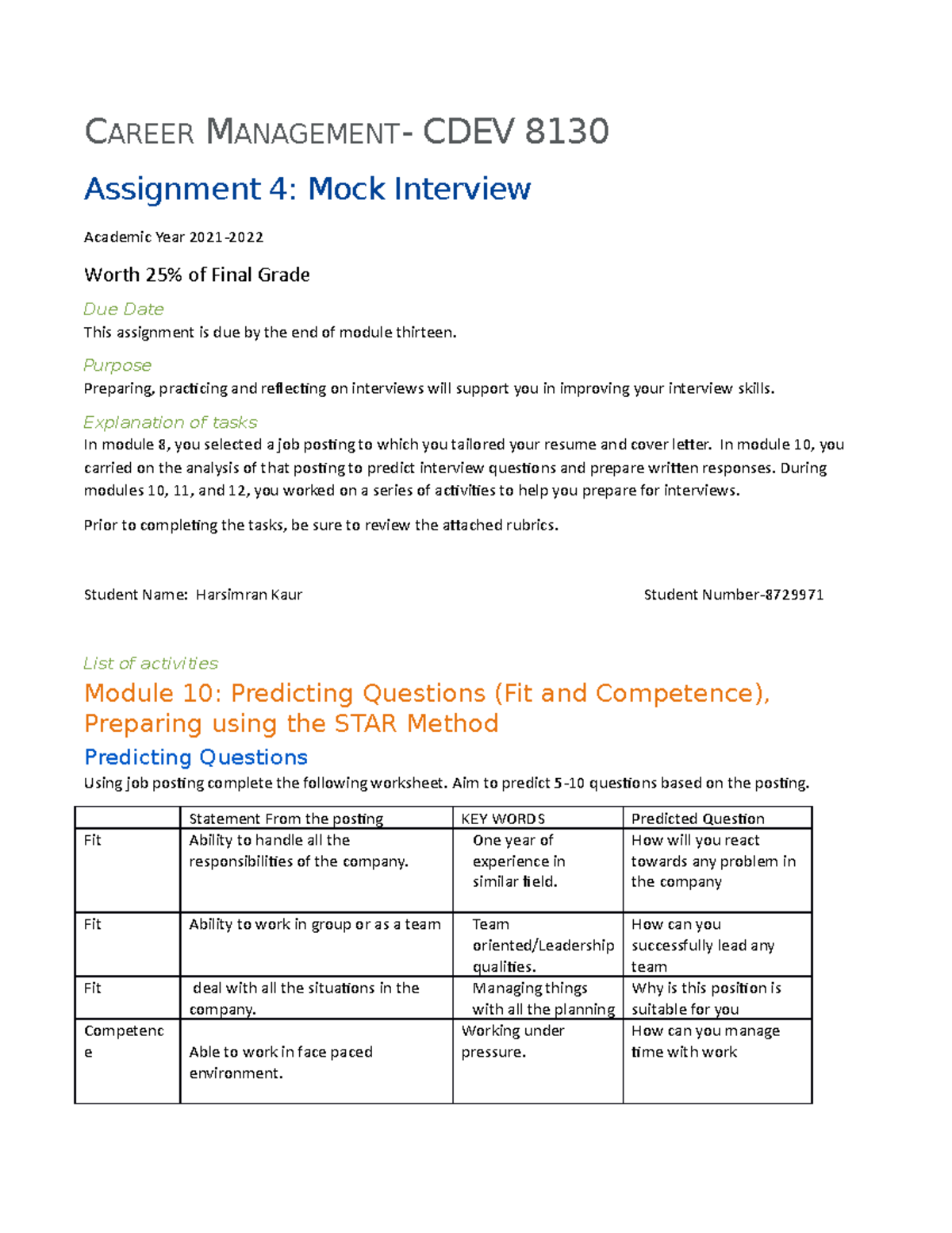 Harsimran's Career Management Assignment 4 Mock Interview - CAREER ...