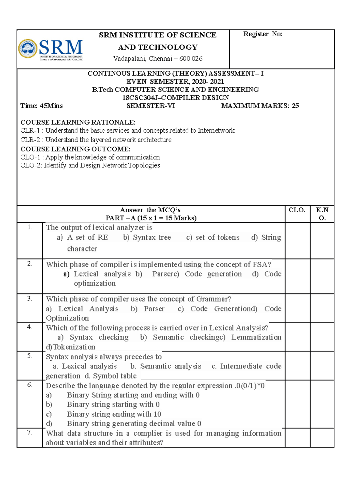 Set-2 - questions sample - SRM INSTITUTE OF SCIENCE AND TECHNOLOGY ...