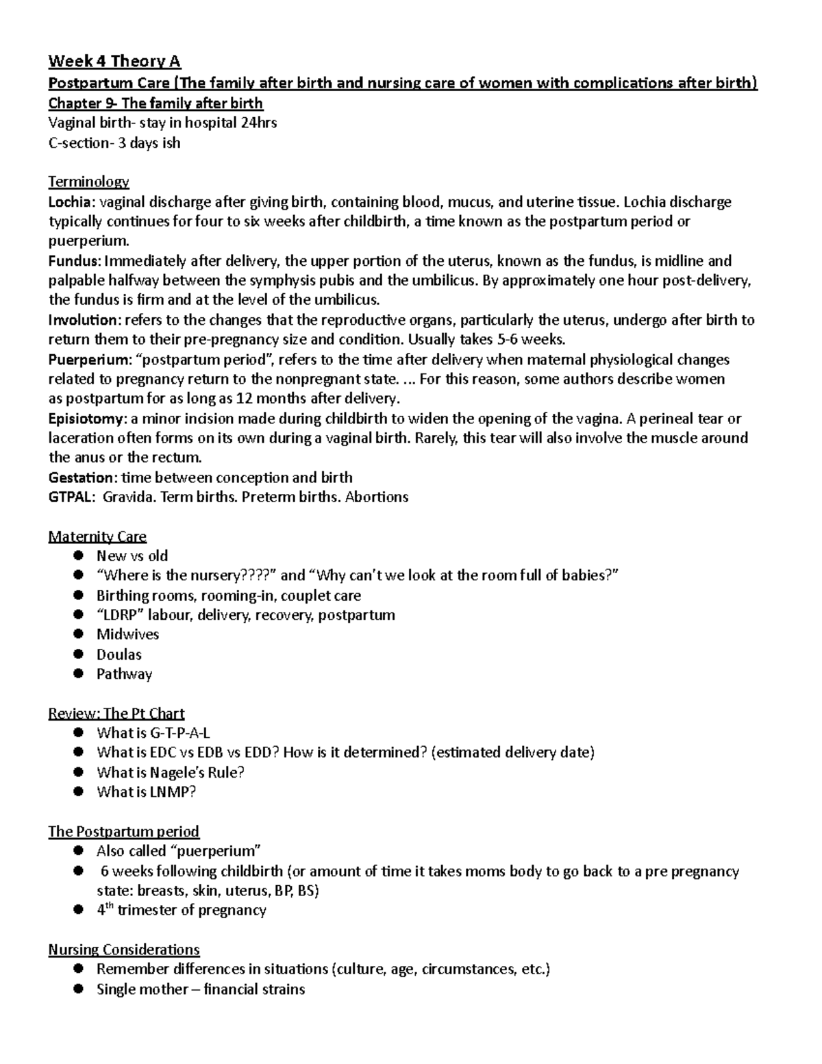 Week 4 Postpartum Care - Lecture notes 4 - Week 4 Theory A Postpartum ...