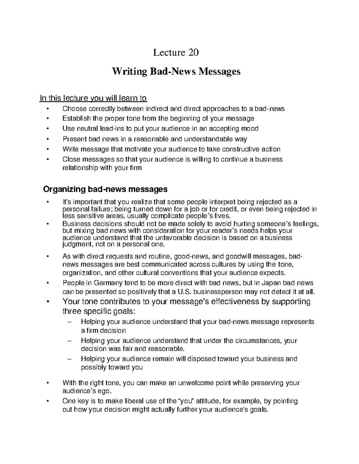 Lec20 Lecture Notes 20 Lecture 20 Writing Bad News Messages In This