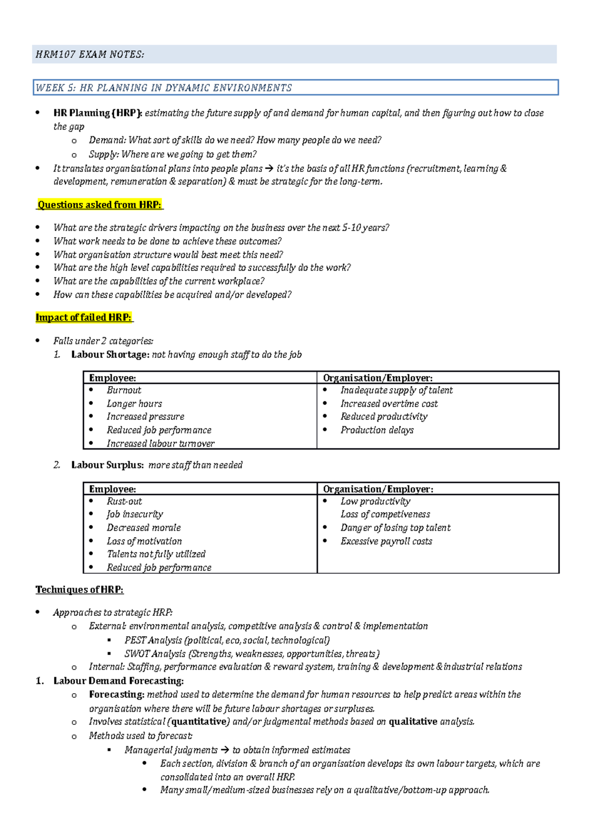 HRM 107 EXAM Notes - HRM107 EXAM NOTES: WEEK 5: HR PLANNING IN DYNAMIC ...