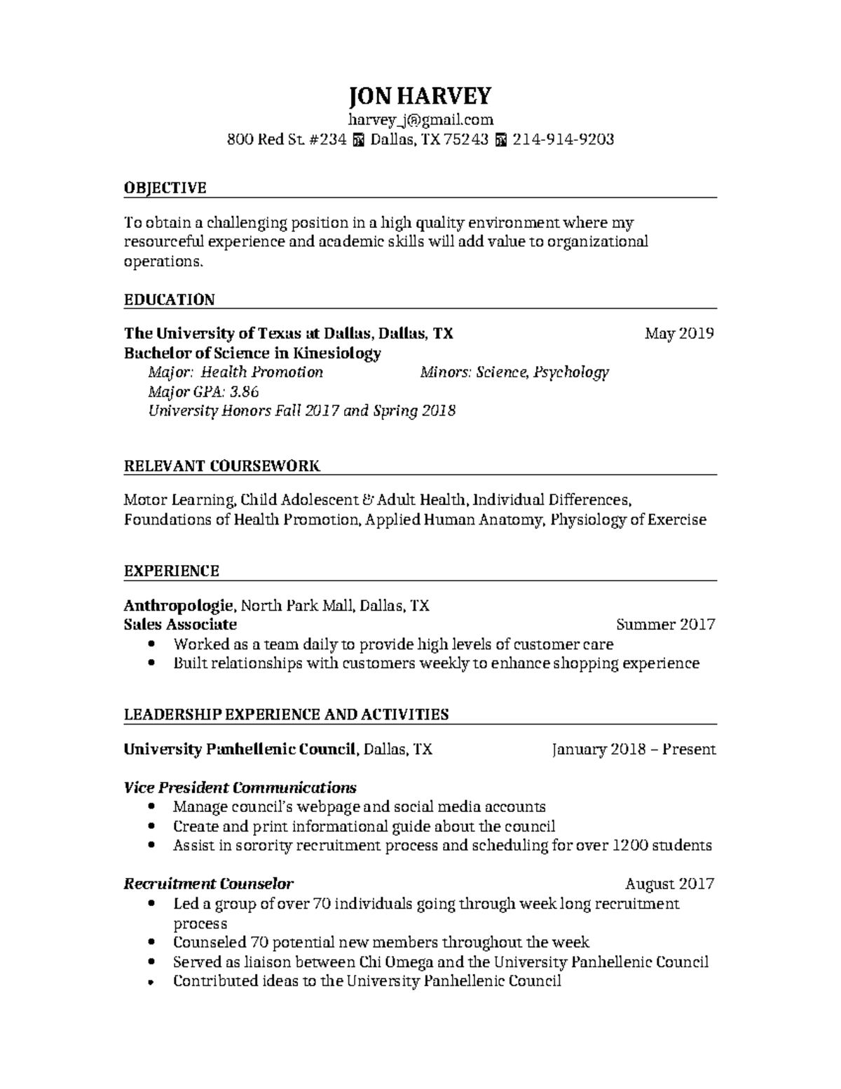 Resume Example #2 F19 - rersume exaple - JON HARVEY harvey_j@gmail 800 ...