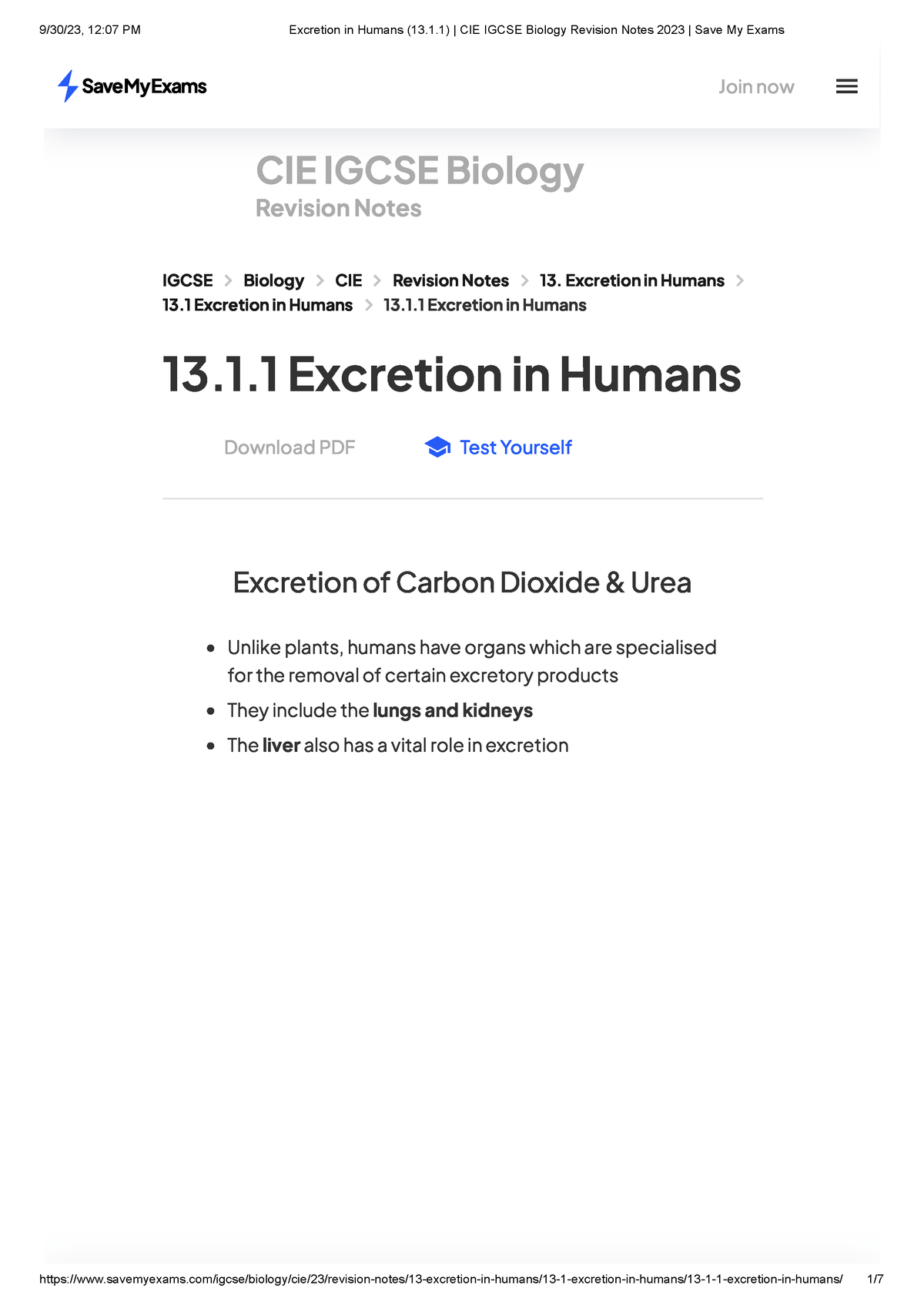 Excretion In Humans Cie Igcse Biology Revision Notes Save