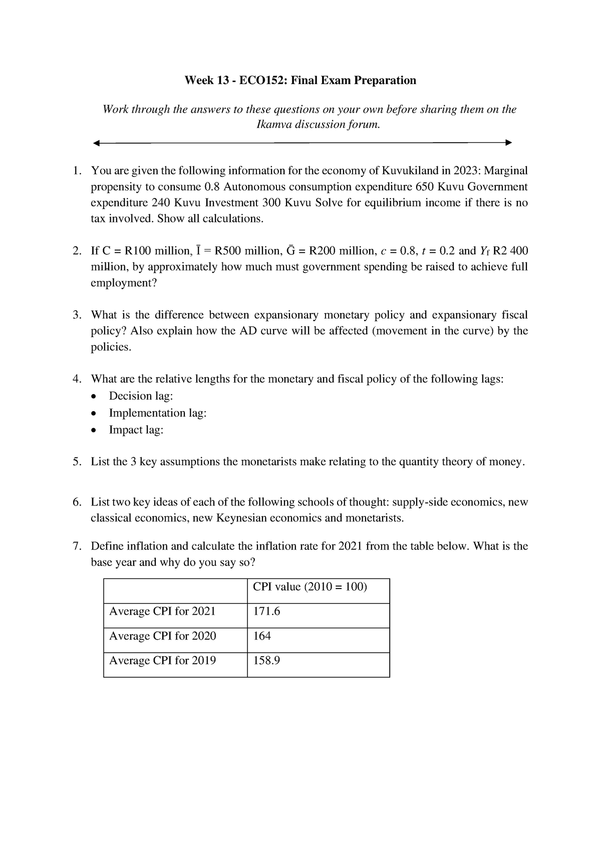 Final Exam Prep ECO152 - Use This Document For Practice - Week 1 3 ...