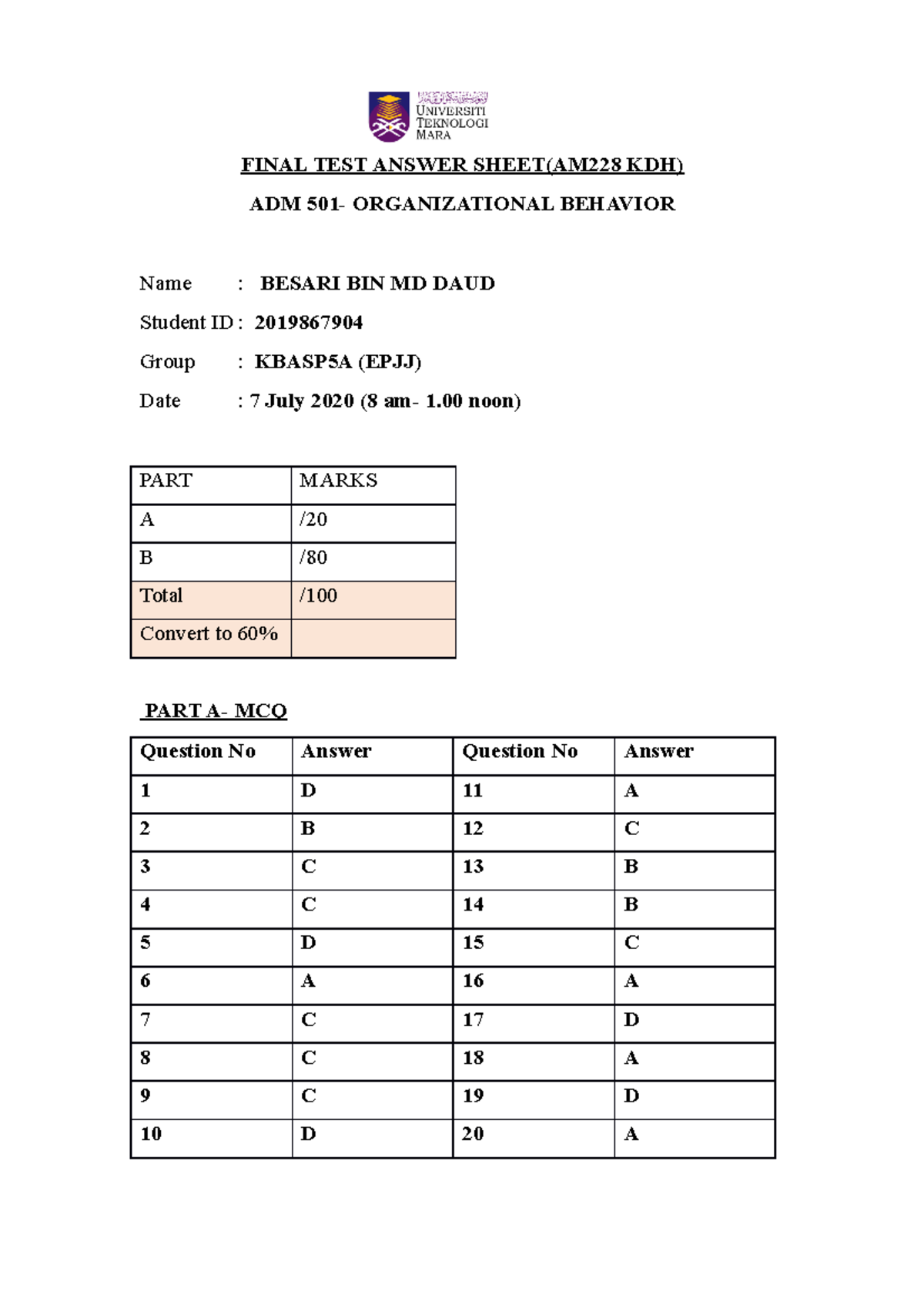 ADM 501-Student Answer Sheet@ 7 July 2020 - FINAL TEST ANSWER SHEET ...