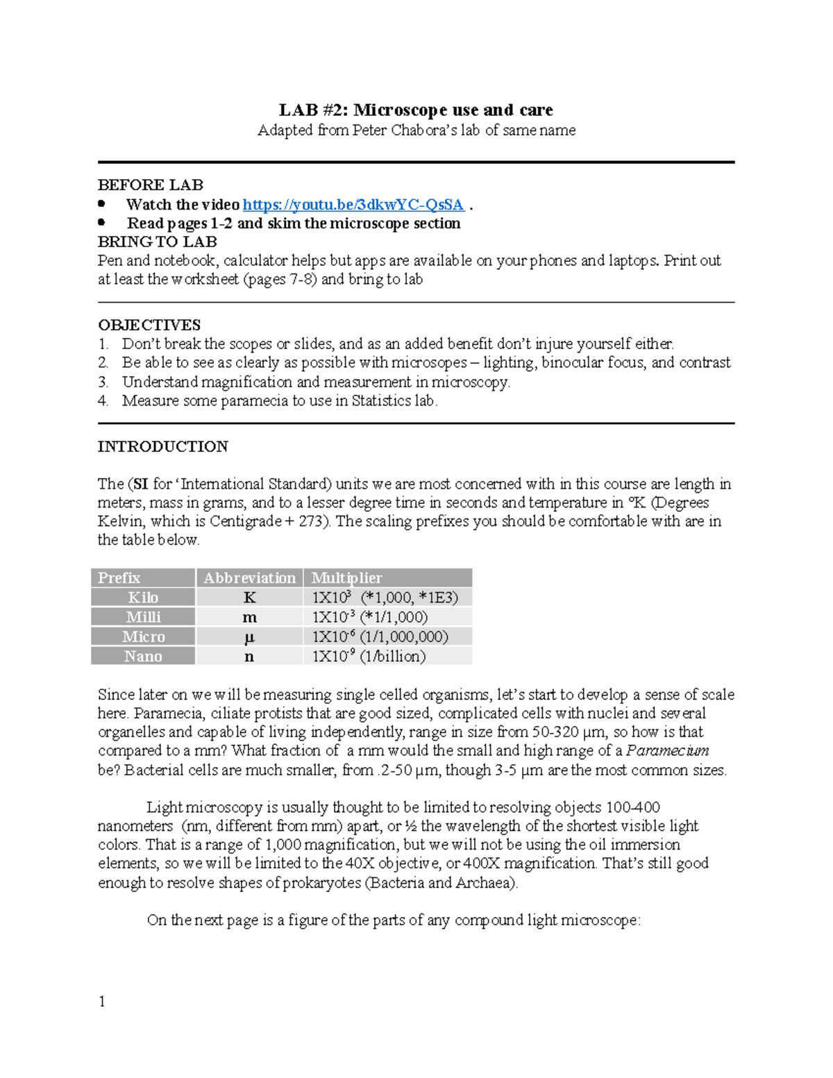 Lab 2 Microscopy lab report LAB 2 Microscope use and care Adapted
