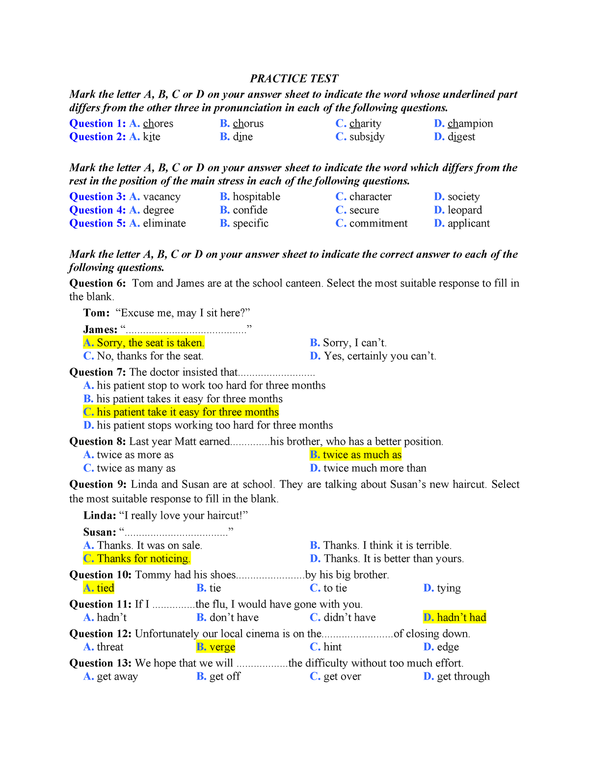 Practice TEST - PRACTICE TEST Mark The Letter A, B, C Or D On Your ...