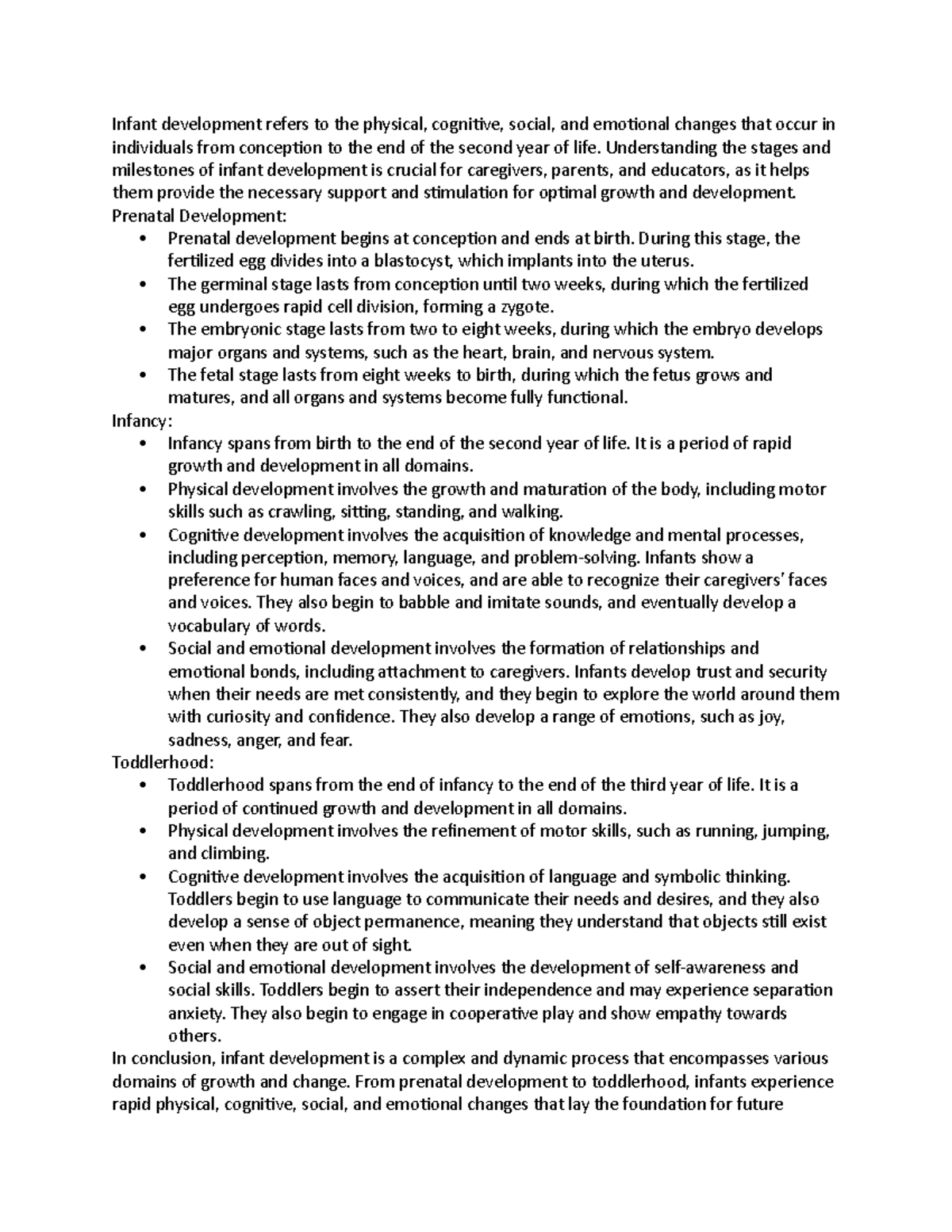 Infant development notes - Infant development refers to the physical ...