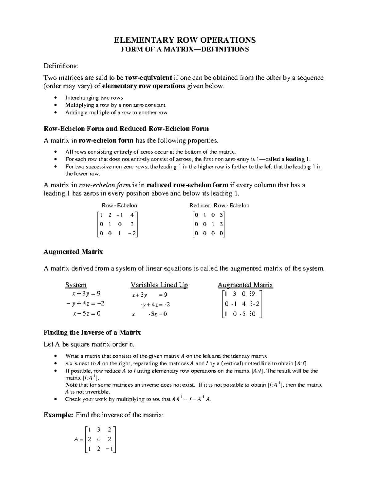 Elementary Row Operations - ELEMENTARY ROW OPERATIONS FORM OF A MATRIX ...