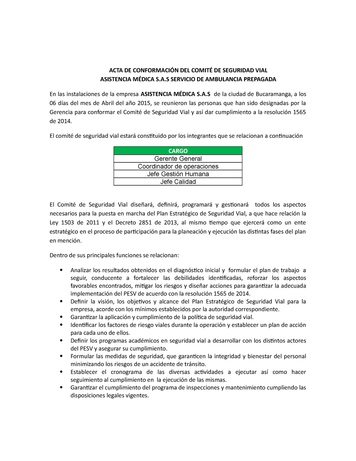 Anexo 1 Acta Conformación Comité Vial Acta De ConformaciÓn Del ComitÉ