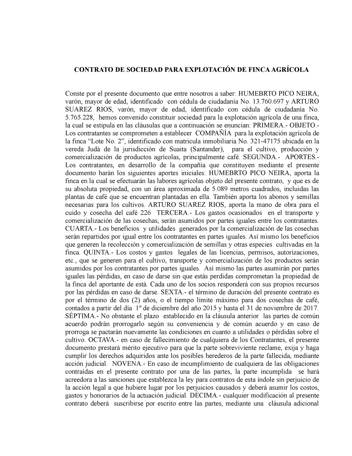 1- Contrato de Sociedad Para-Explotacion-de-Finca-Agricola - CONTRATO DE  SOCIEDAD PARA EXPLOTACIÓN - Studocu