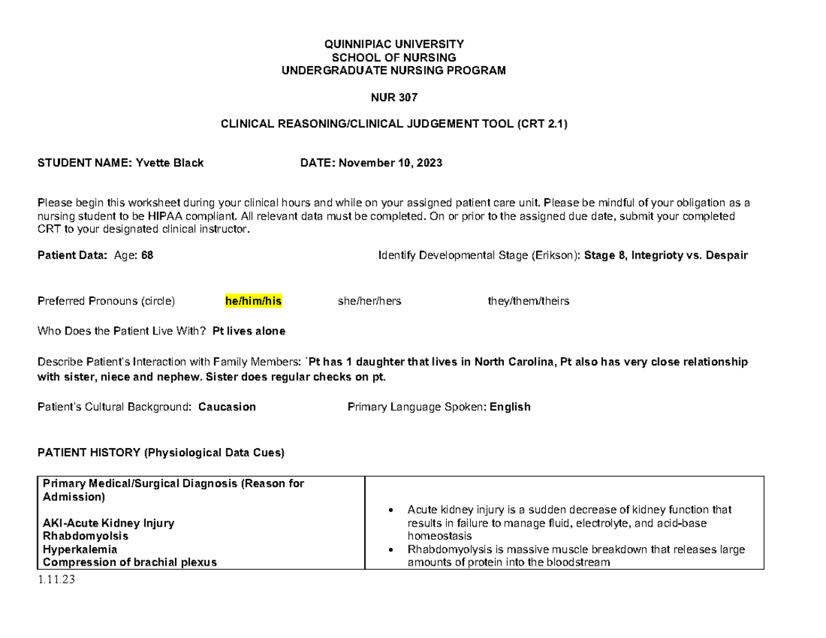 Clinical reasoning tool - QUINNIPIAC UNIVERSITY SCHOOL OF NURSING ...