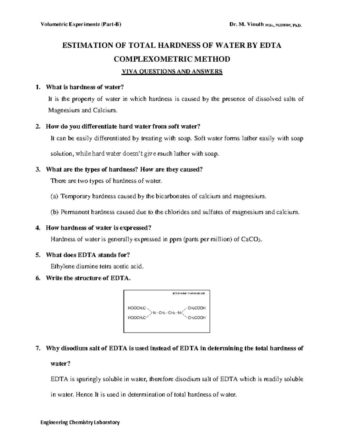 Volumetric Viva question and answers ESTIMATION OF TOTAL HARDNESS OF