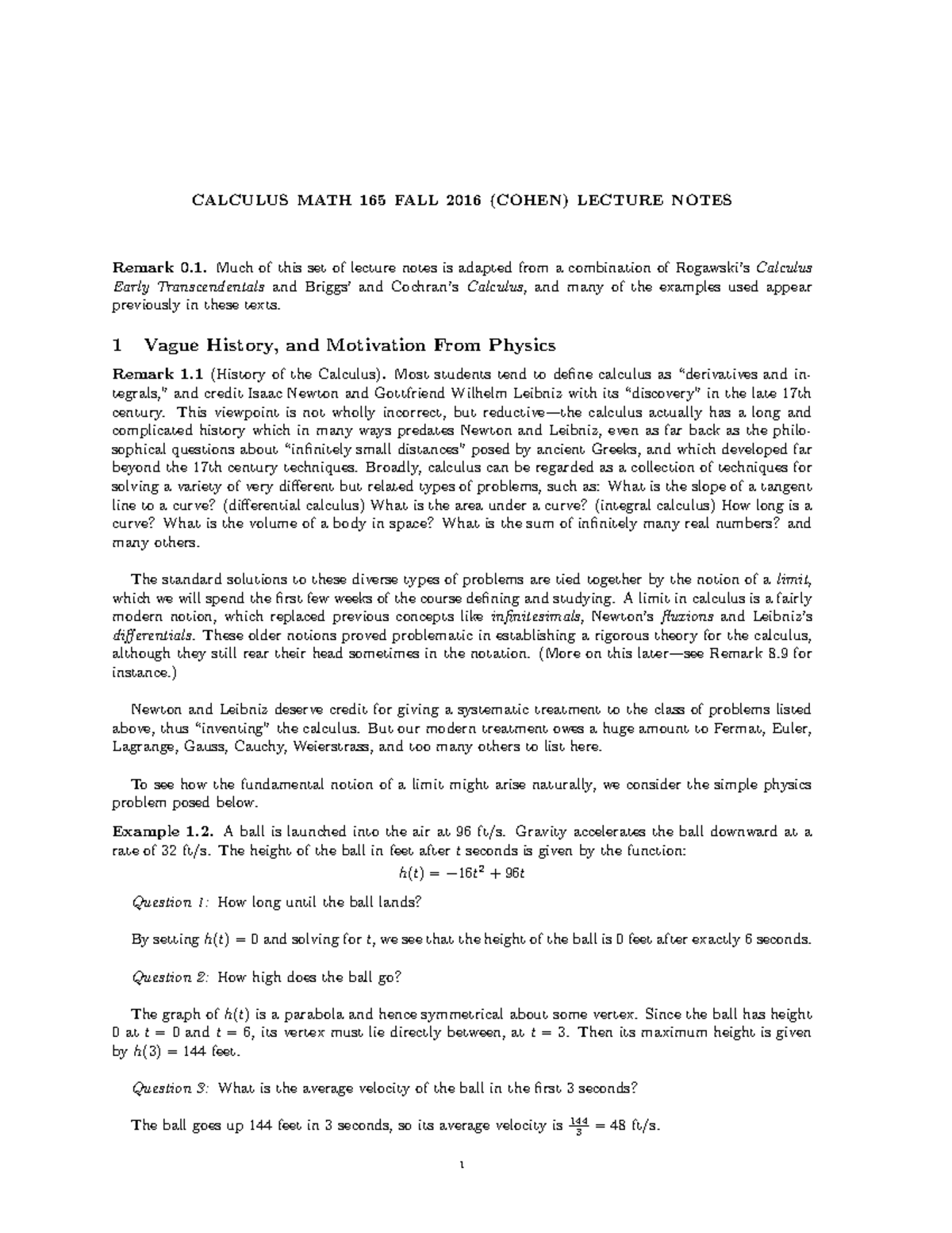 Calc1notes - calc notes - Remark 0. Much of this set of lecture notes ...