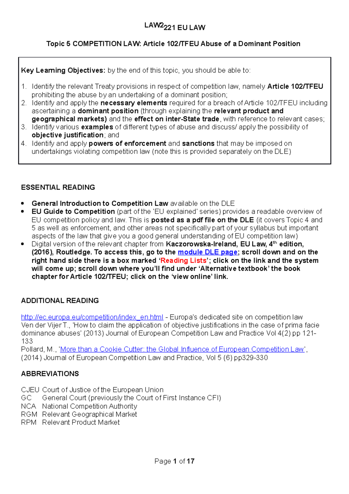 Lecture Outline Competition Law - Article 102 TFEU Abuse Of A Dominant ...