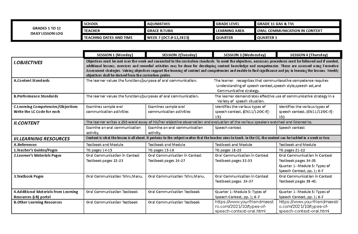 New DLL WEEK 7 Oral com - English Instructional Materials - GRADES 1 TO ...